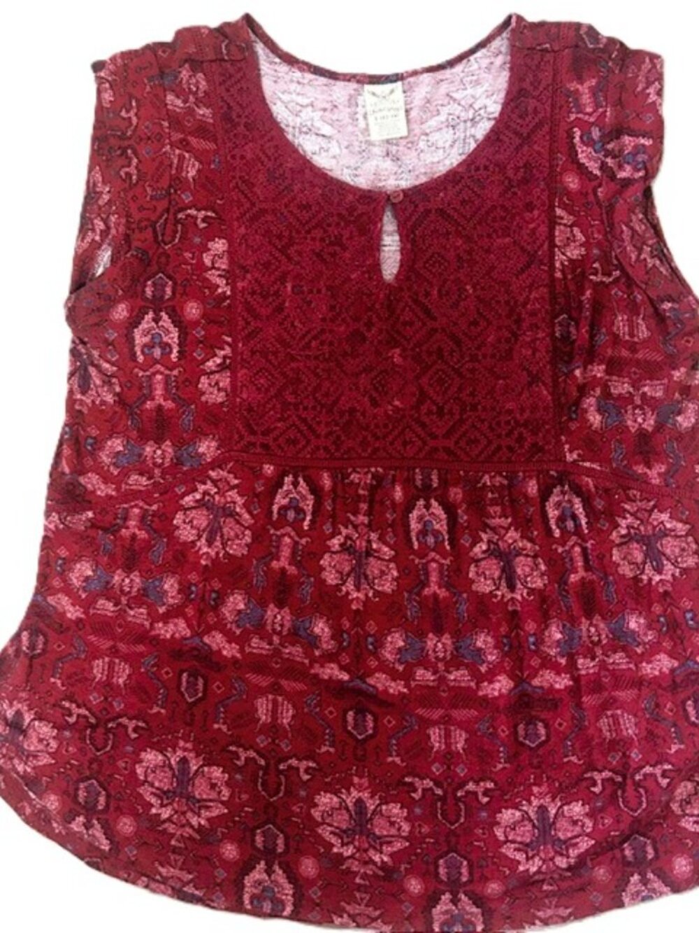 Faded Glory Ladies Top L Burgundy Boho Lace Yoke Peephole with Button